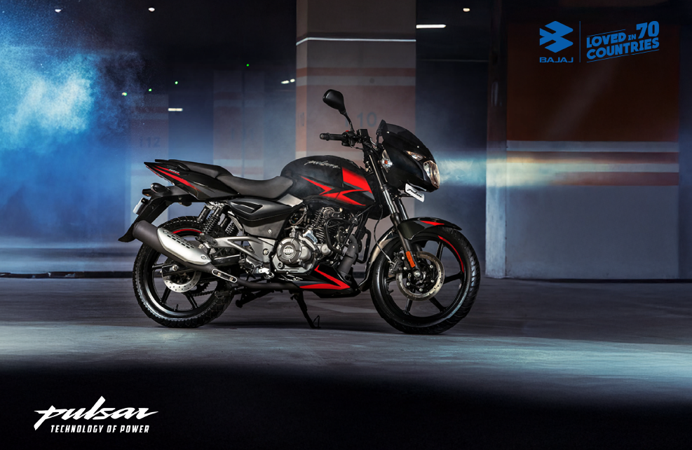 The new Bajaj Pulsar 150 motorcycle showcased in an advertisement, featuring a sleek black and red design.