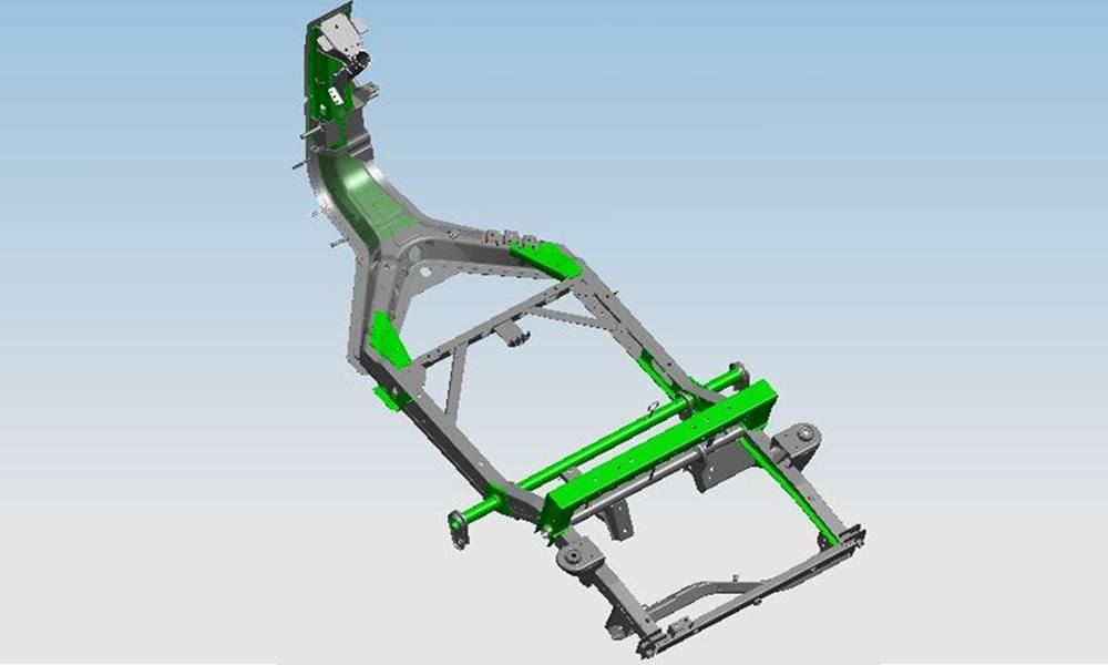 Bajaj RE 4S three-wheeler chassis, highlighting its strong frame and advanced engineering